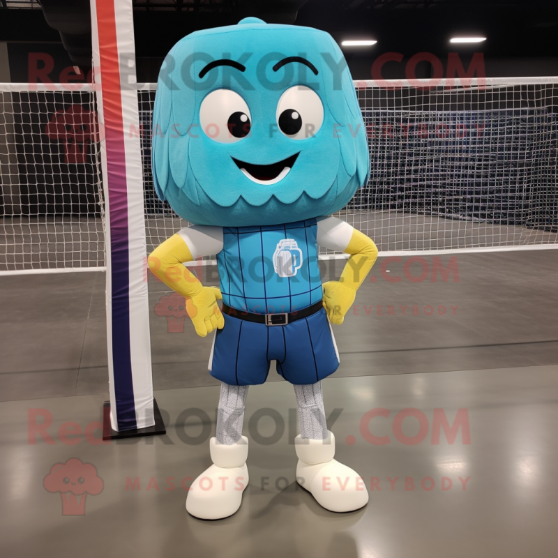 Cyan Volleyball Net mascot costume character dressed with a Bootcut Jeans and Wraps Cyan Volleyball Net mascot costume character dressed with a Bootcut Jeans and Wraps