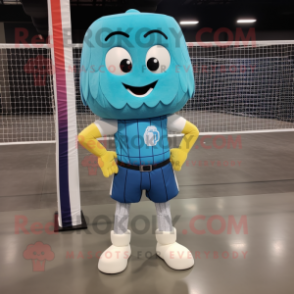 Cyan Volleyball Net mascot costume character dressed with a Bootcut Jeans and Wraps