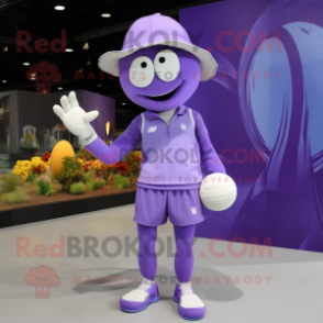 Lavender Volleyball Ball mascot costume character dressed with a Jumpsuit and Hat pins