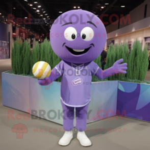 Lavender Volleyball Ball mascot costume character dressed with a Jumpsuit and Hat pins