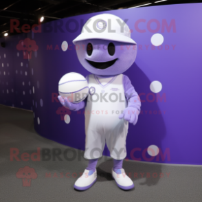 Lavender Volleyball Ball mascot costume character dressed with a Jumpsuit and Hat pins
