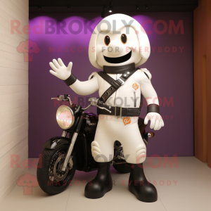 Cream Plum mascot costume character dressed with a Biker Jacket and Anklets