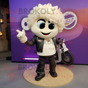 Cream Plum mascot costume character dressed with a Biker Jacket and Anklets