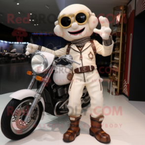 Cream Plum mascot costume character dressed with a Biker Jacket and Anklets