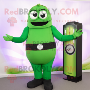 Green Zucchini mascot costume character dressed with a Turtleneck and Digital watches