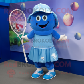 Blue Tennis Racket mascot costume character dressed with a A-Line Skirt and Hat pins