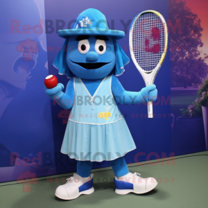 Blue Tennis Racket mascot costume character dressed with a A-Line Skirt and Hat pins
