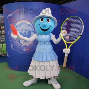 Blue Tennis Racket mascot costume character dressed with a A-Line Skirt and Hat pins