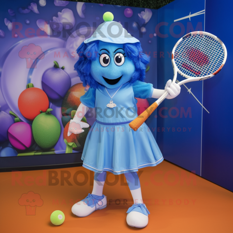 Blue Tennis Racket mascot costume character dressed with a A-Line Skirt and Hat pins