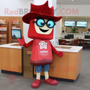 Red Nachos mascot costume character dressed with a Bermuda Shorts and Reading glasses