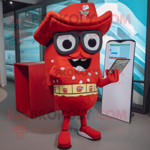 Red Nachos mascot costume character dressed with a Bermuda Shorts and Reading glasses