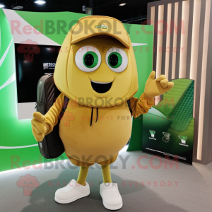 Gold Cucumber mascot costume character dressed with a Polo Tee and Backpacks
