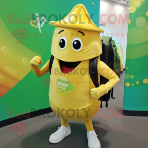 Gold Cucumber mascot costume character dressed with a Polo Tee and Backpacks