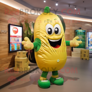 Gold Cucumber mascot costume character dressed with a Polo Tee and Backpacks