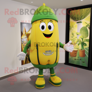 Gold Cucumber mascot costume character dressed with a Polo Tee and Backpacks