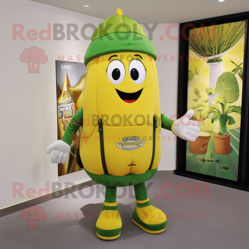Gold Cucumber mascot costume character dressed with a Polo Tee and Backpacks Gold Cucumber mascot costume character dressed with a Polo Tee and Backpacks