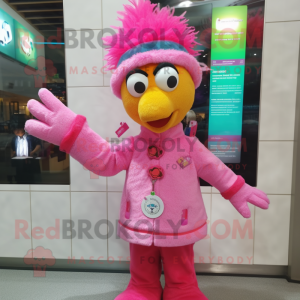 Pink Peacock mascot costume character dressed with a Button-Up Shirt and Beanies