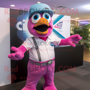 Pink Peacock mascot costume character dressed with a Button-Up Shirt and Beanies