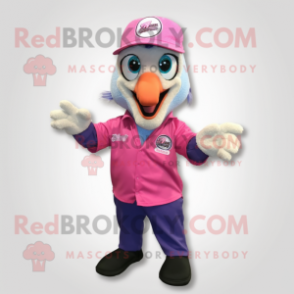 Pink Peacock mascot costume character dressed with a Button-Up Shirt and Beanies