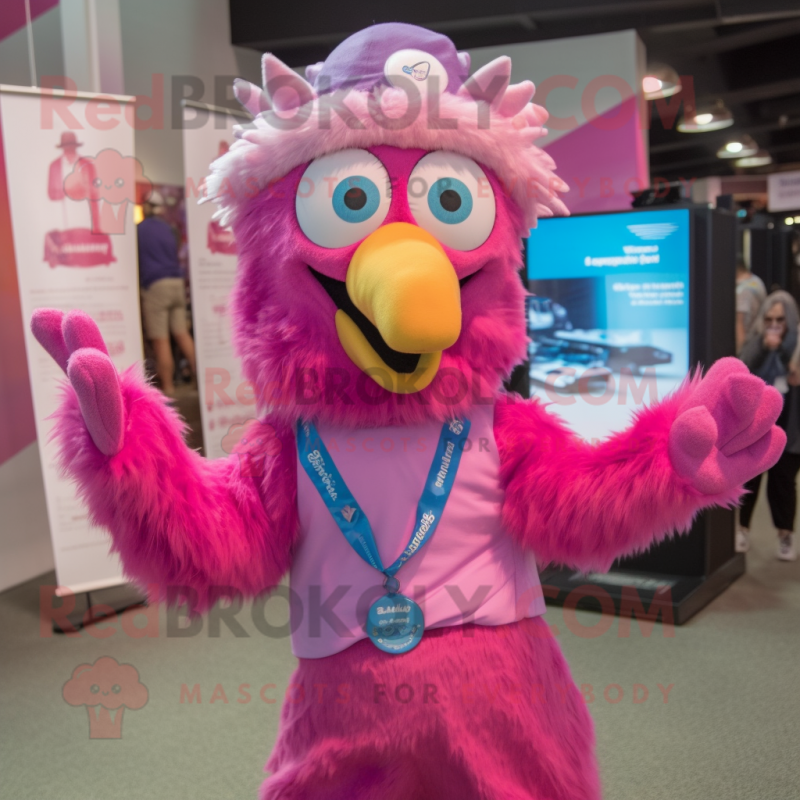 Pink Peacock mascot costume character dressed with a Button-Up Shirt and Beanies Pink Peacock mascot costume character dressed with a Button-Up Shirt and Beanies