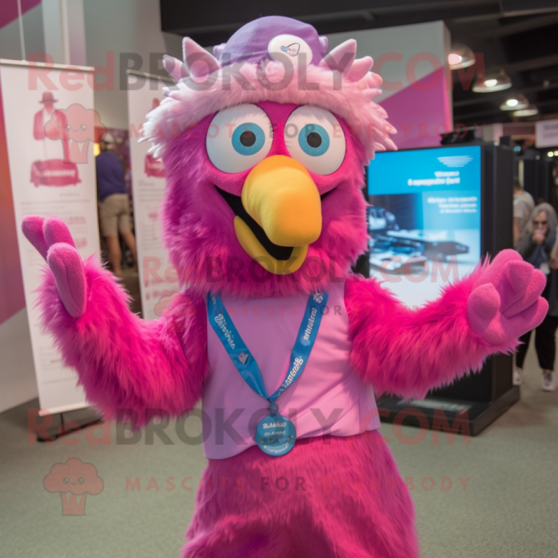 Pink Peacock mascot costume character dressed with a Button-Up Shirt and Beanies