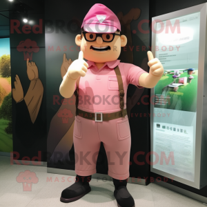 Pink Knife Thrower mascot costume character dressed with a Cargo Shorts and Eyeglasses