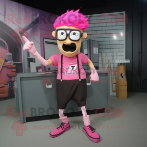 Pink Knife Thrower mascot costume character dressed with a Cargo Shorts and Eyeglasses