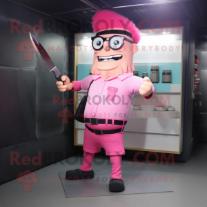 Pink Knife Thrower mascot costume character dressed with a Cargo Shorts and Eyeglasses