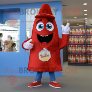 Red Bottle Of Ketchup mascot costume character dressed with a Denim Shorts and Brooches