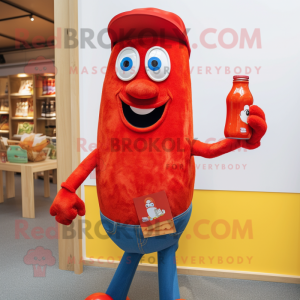 Red Bottle Of Ketchup mascot costume character dressed with a Denim Shorts and Brooches