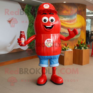 Red Bottle Of Ketchup mascot costume character dressed with a Denim Shorts and Brooches