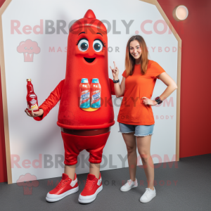 Red Bottle Of Ketchup mascot costume character dressed with a Denim Shorts and Brooches