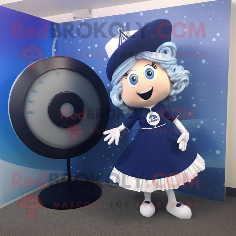 Navy Plate Spinner mascot costume character dressed with a Midi Dress and Hair clips