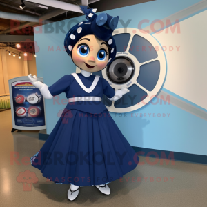 Navy Plate Spinner mascot costume character dressed with a Midi Dress and Hair clips