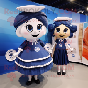 Navy Plate Spinner mascot costume character dressed with a Midi Dress and Hair clips