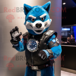 Blue Shepard'S Pie mascot costume character dressed with a Moto Jacket and Digital watches