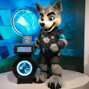 Blue Shepard'S Pie mascot costume character dressed with a Moto Jacket and Digital watches