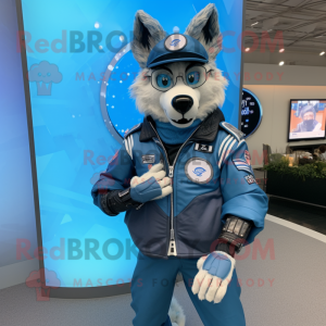 Blue Shepard'S Pie mascot costume character dressed with a Moto Jacket and Digital watches