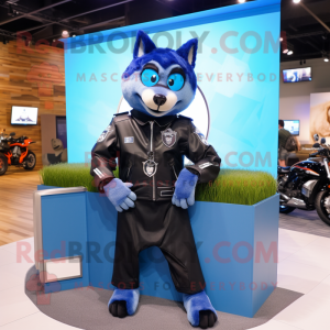 Blue Shepard'S Pie mascot costume character dressed with a Moto Jacket and Digital watches
