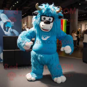 Blue Yak mascot costume character dressed with a Joggers and Eyeglasses