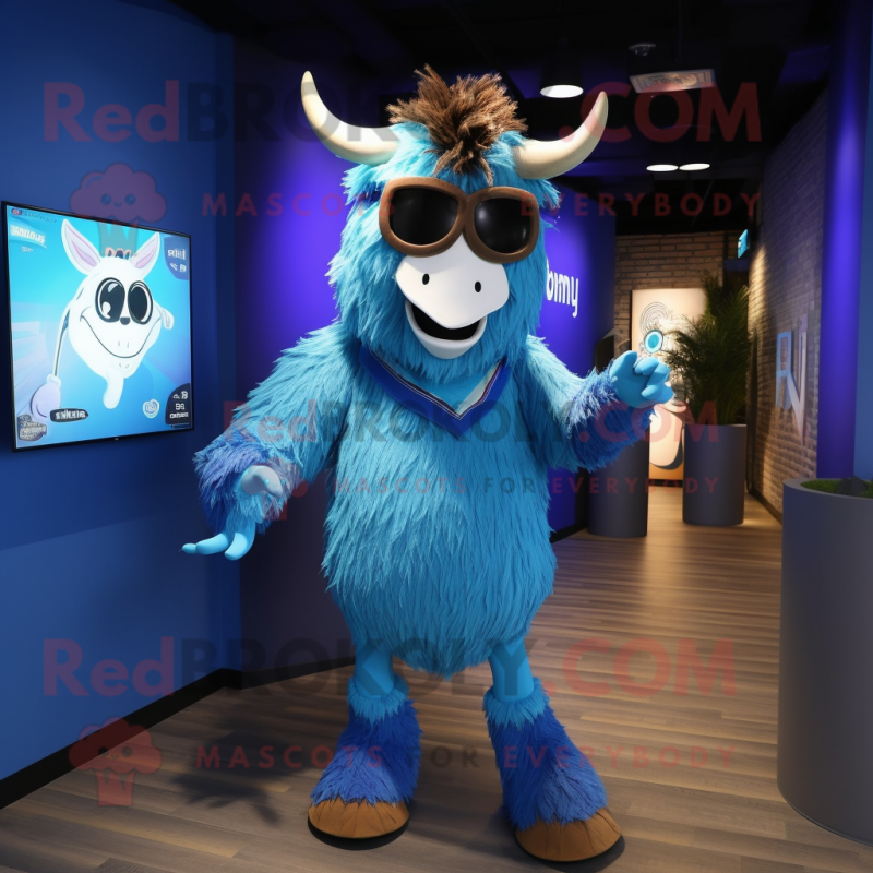 Blue Yak mascot costume character dressed with a Joggers and Eyeglasses