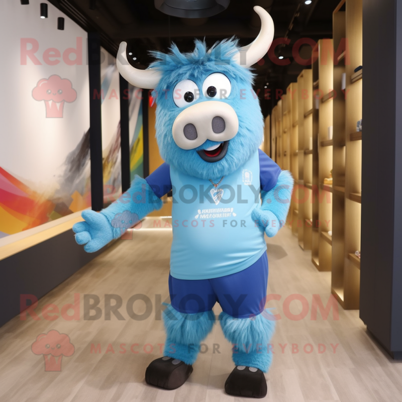 Blue Yak mascot costume character dressed with a Joggers and Eyeglasses