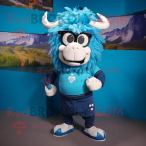 Blue Yak mascot costume character dressed with a Joggers and Eyeglasses