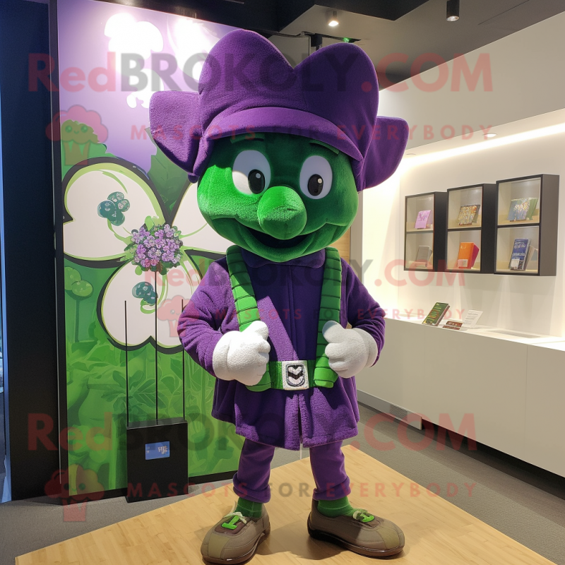 Purple Four Leaf Clover mascot costume character dressed with a Sweatshirt and Berets Purple Four Leaf Clover mascot costume character dressed with a Sweatshirt and Berets