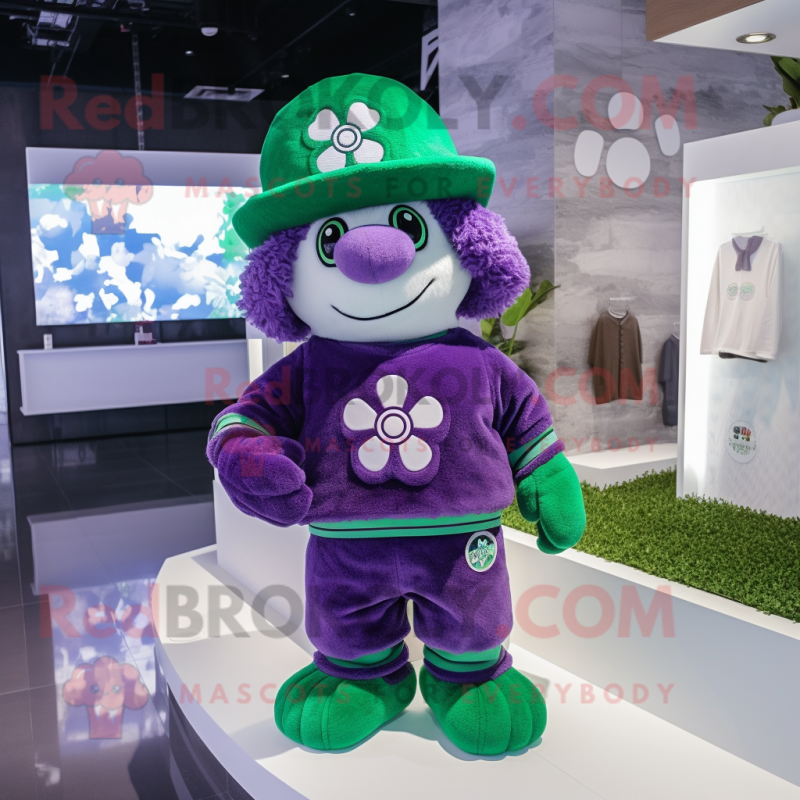 Purple Four Leaf Clover mascot costume character dressed with a Sweatshirt and Berets Purple Four Leaf Clover mascot costume character dressed with a Sweatshirt and Berets