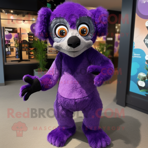 Purple Lemur mascot costume character dressed with a Romper and Earrings