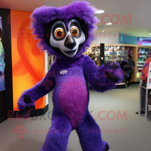 Purple Lemur mascot costume character dressed with a Romper and Earrings