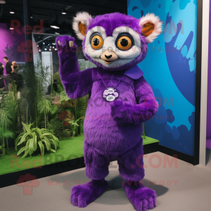 Purple Lemur mascot costume character dressed with a Romper and Earrings