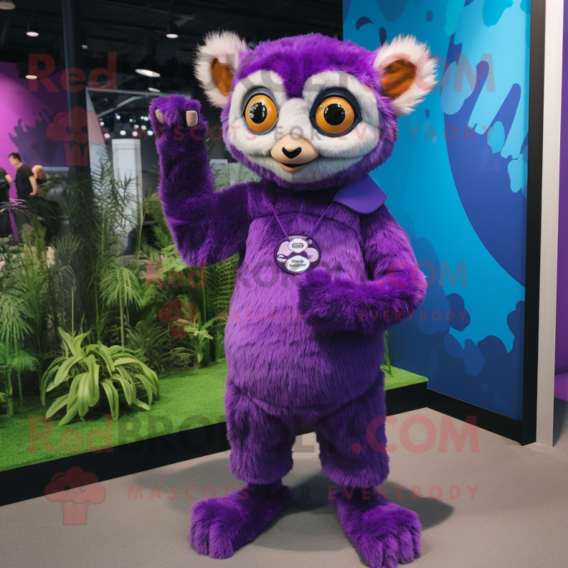 Purple Lemur mascot costume character dressed with a Romper and Earrings Purple Lemur mascot costume character dressed with a Romper and Earrings