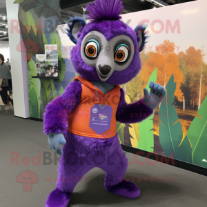 Purple Lemur mascot costume character dressed with a Romper and Earrings